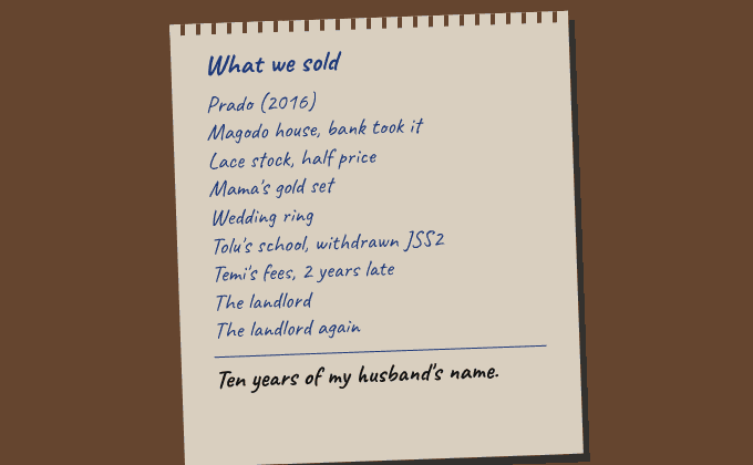 The back of an old 2016 church calendar covered in a handwritten list of everything a family sold