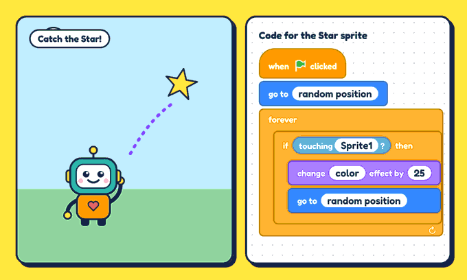 On the left, a stage with the robot reaching toward a yellow star, labelled Catch the Star! On the right, the star's code: when green flag clicked, go to random position, then a forever loop holding an if block that asks touching Sprite1? and inside it change color effect by 25 and go to random position.
