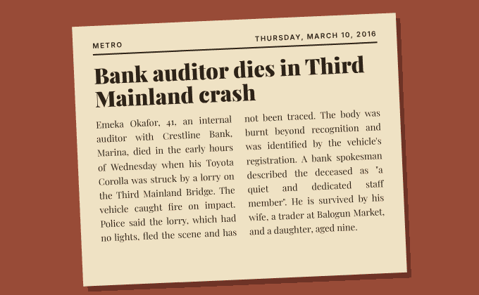 A yellowed 2016 newspaper clipping: Bank auditor dies in Third Mainland crash