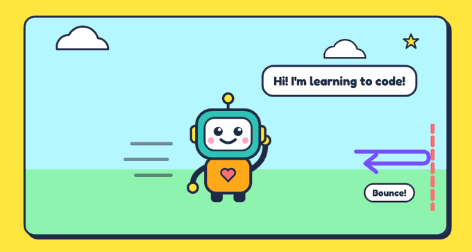 The robot on a sunny stage with a speech bubble that says Hi! I'm learning to code! Motion lines show it walking right, and an arrow shows it bouncing back at the edge of the stage.