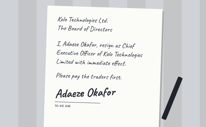 A handwritten resignation letter on plain paper, signed by Adaeze Okafor